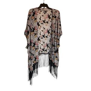 Forever 21 Floral Kimono With Black Fringe Open Front Cardigan Coverup SZ S/M